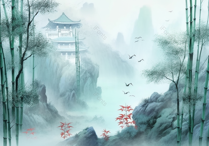 手绘国风意境竹子树木飞鸟房屋建筑山水风景文艺插画,插画/手绘图,插画/手绘图库,插画/手绘图下载,插画/手绘